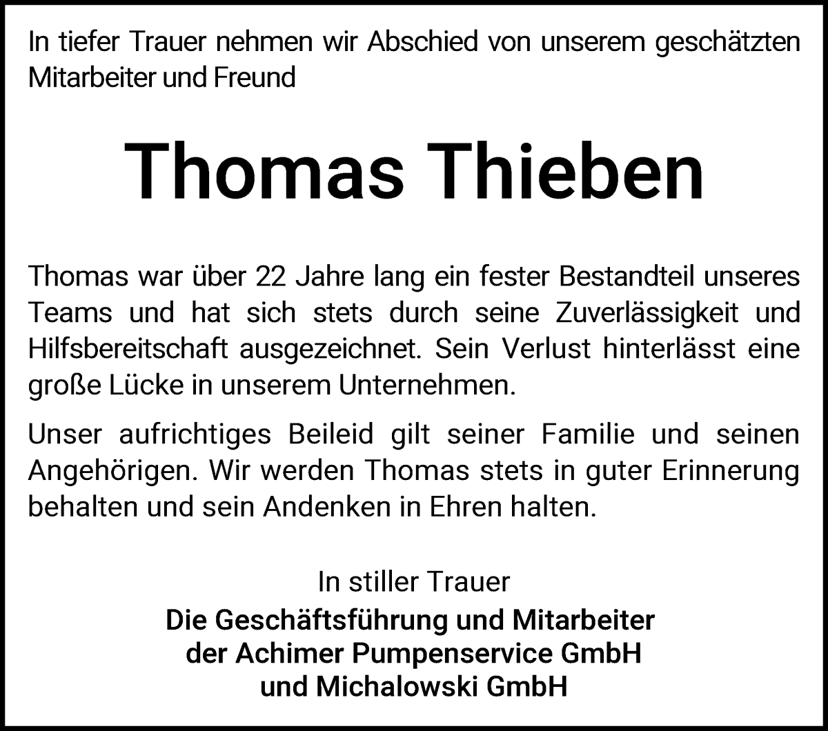 Traueranzeige von Thomas Thieben von WESER-KURIER