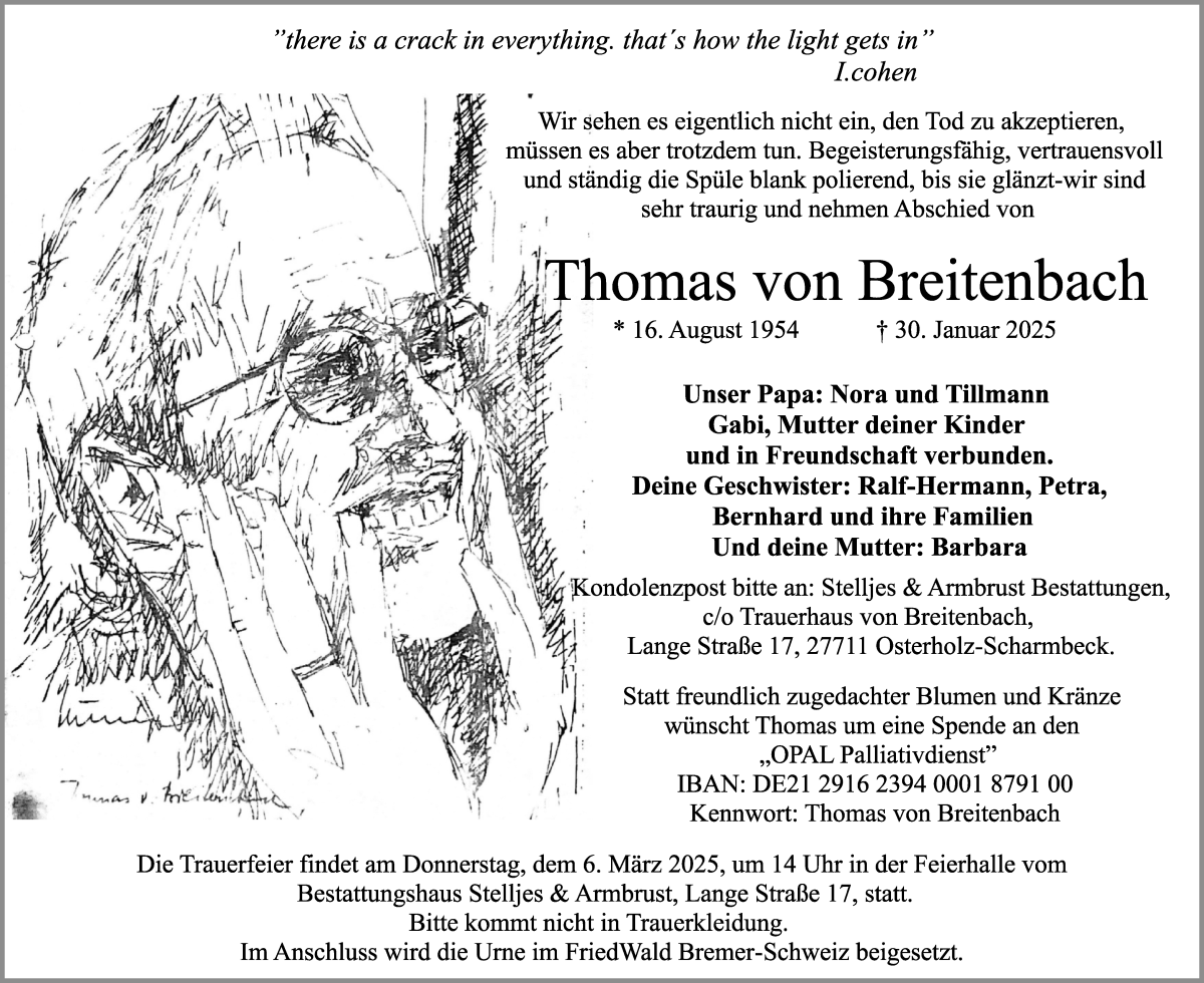 Traueranzeige von Thomas von Breitenbach von Osterholzer Kreisblatt