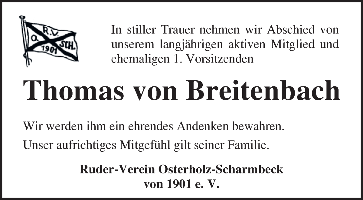 Traueranzeige von Thomas von Breitenbach von Osterholzer Kreisblatt