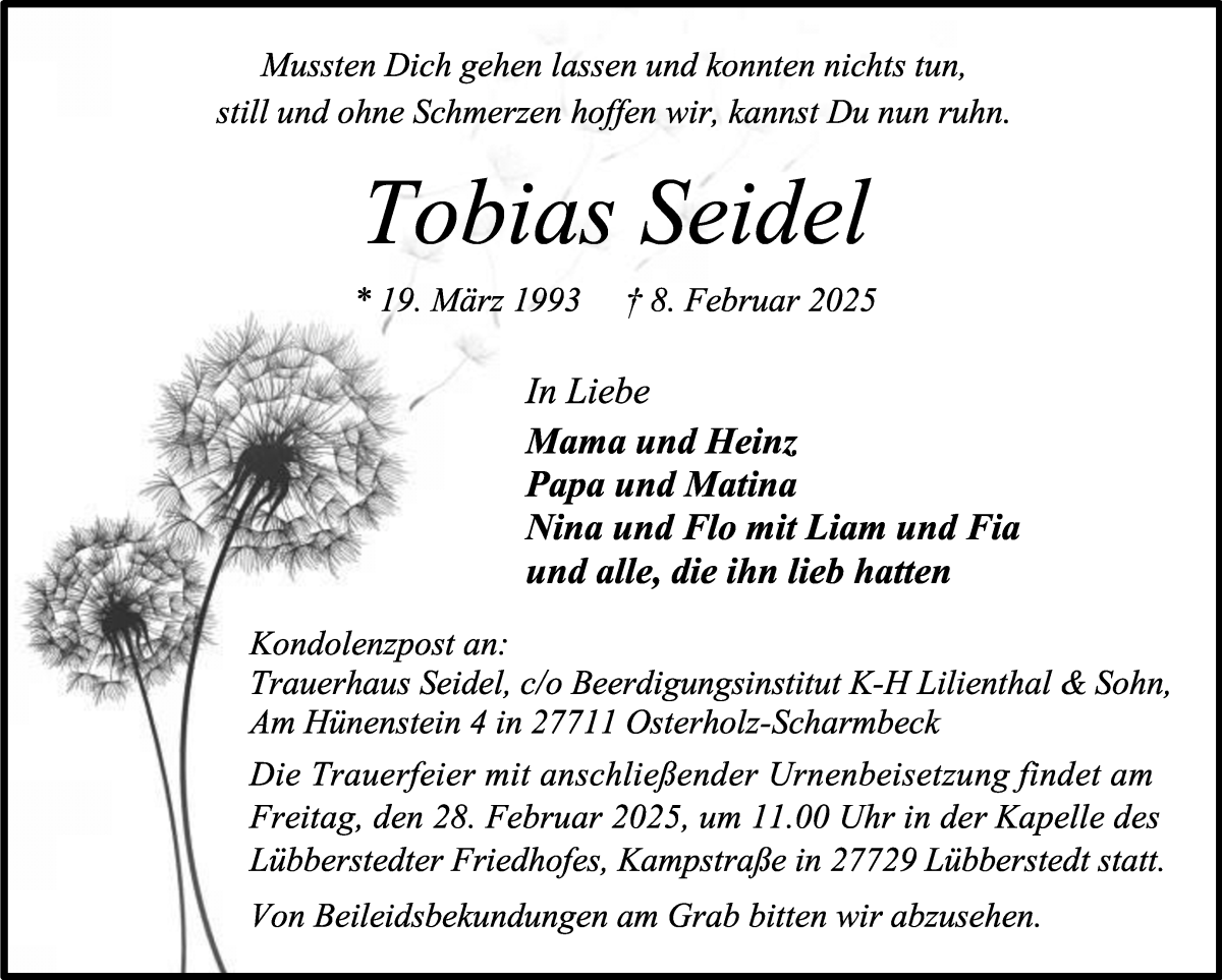 Traueranzeige von Tobias Seidel von Osterholzer Kreisblatt
