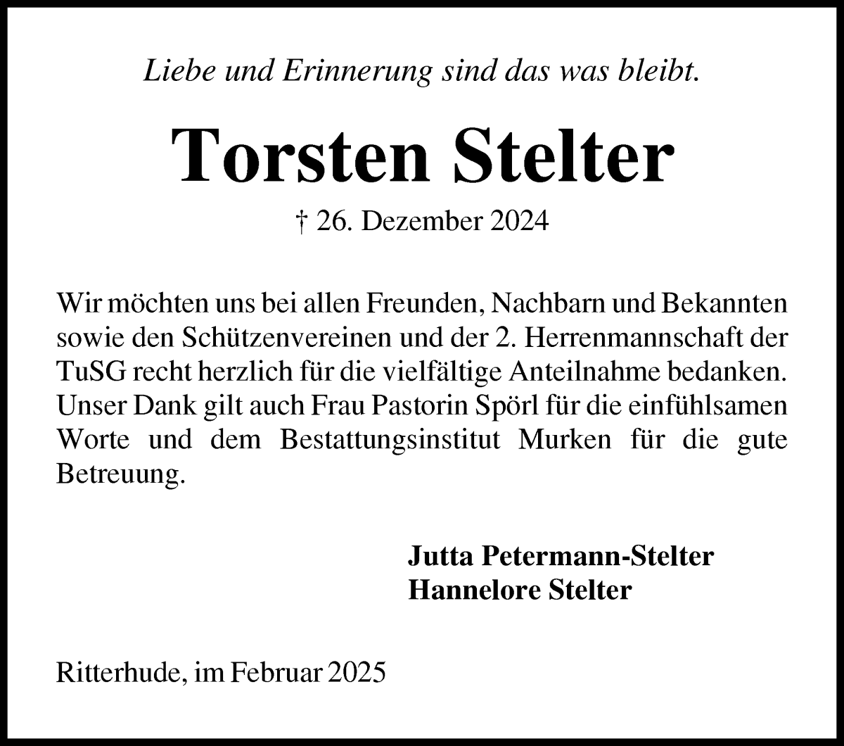 Traueranzeige von Torsten Stelter von Osterholzer Kreisblatt