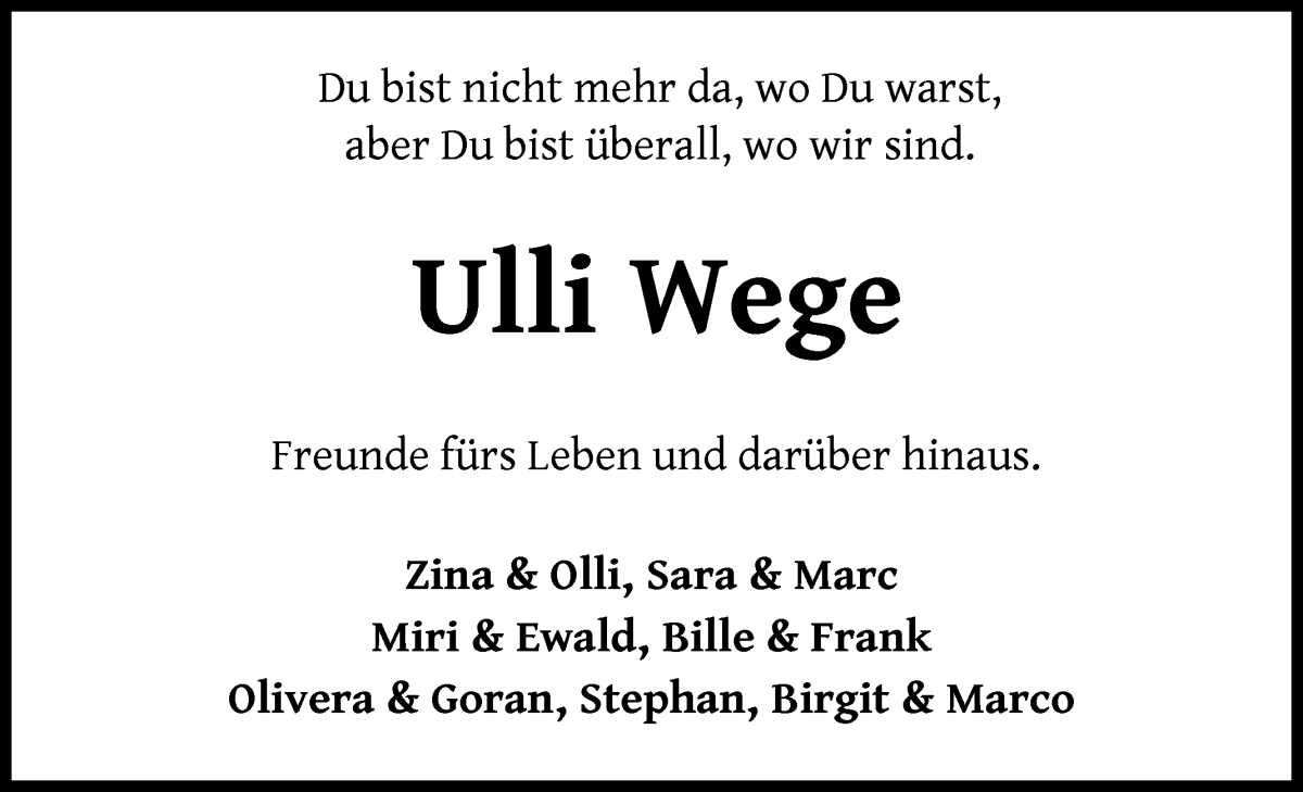 Traueranzeige von Ulli Wege von WESER-KURIER