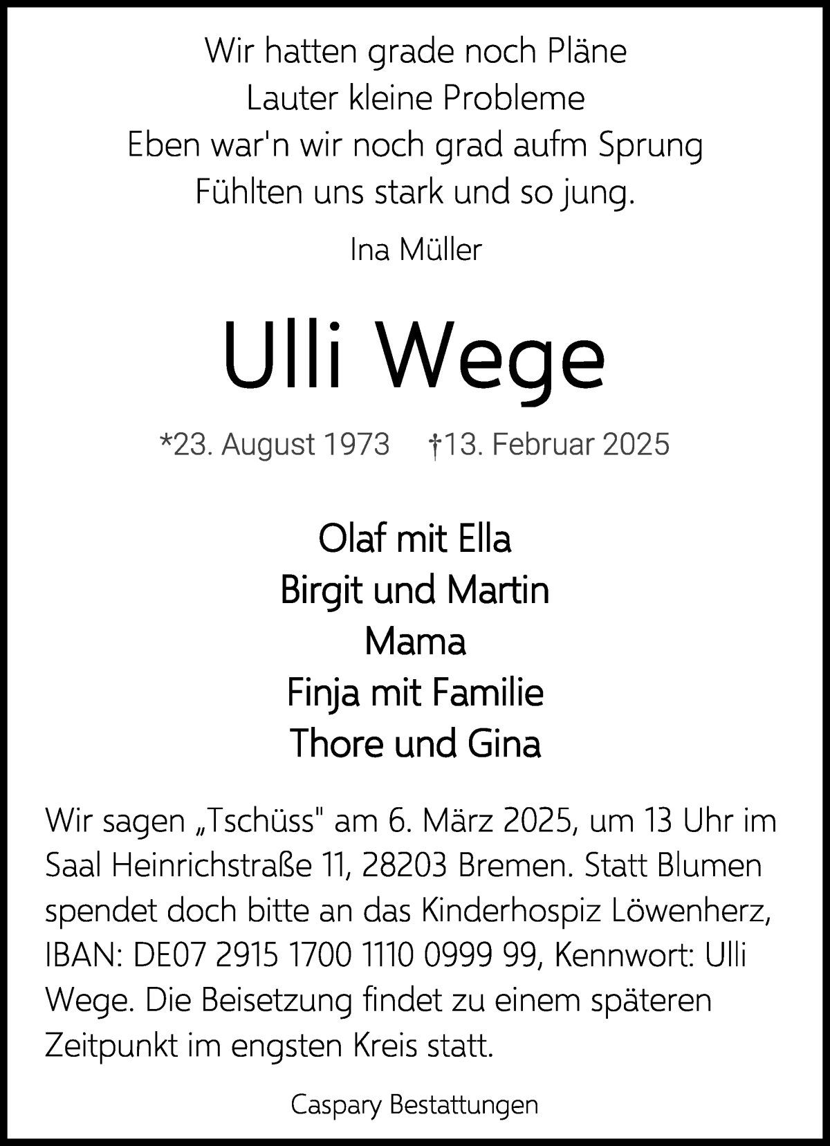 Traueranzeige von Ulli Wege von WESER-KURIER