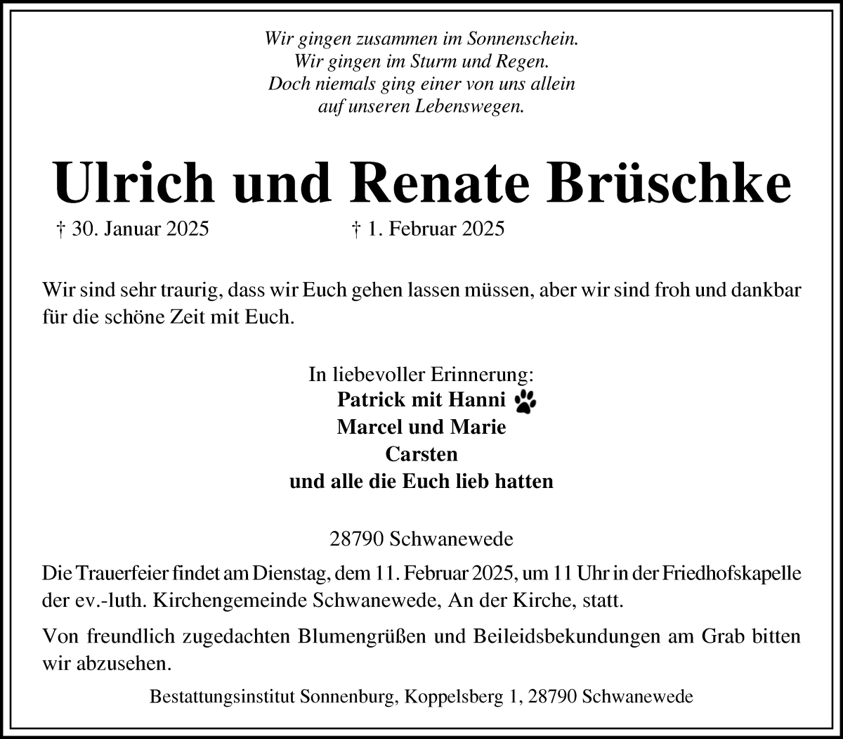 Traueranzeige von Ulrich und Renate Brüschke von Die Norddeutsche