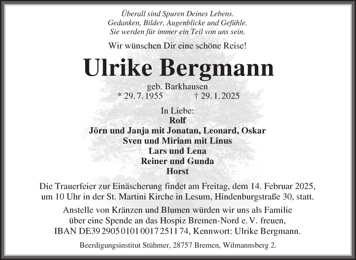 Traueranzeige von Ulrike Bergmann von Die Norddeutsche