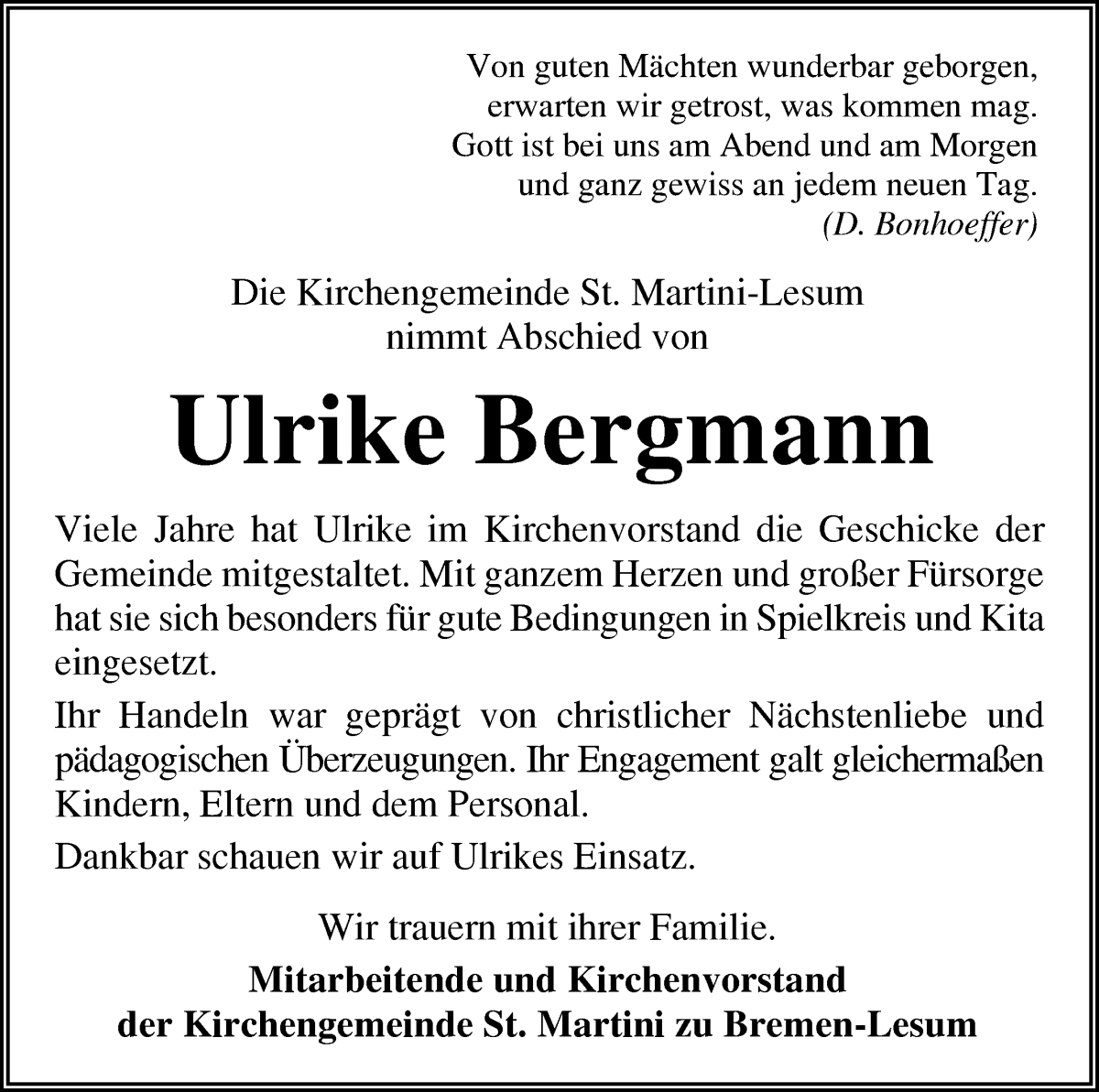 Traueranzeige von Ulrike Bergmann von Die Norddeutsche
