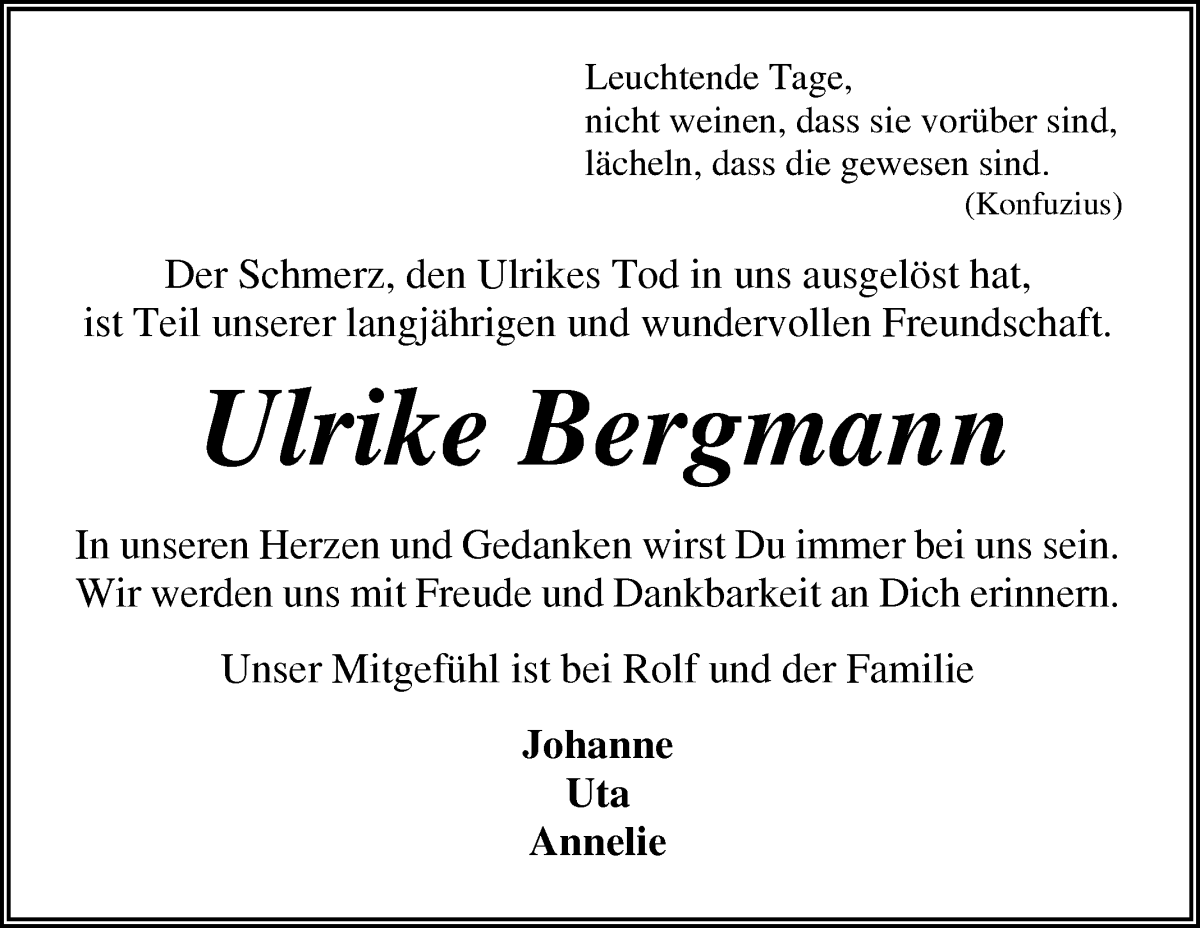 Traueranzeige von Ulrike Bergmann von Die Norddeutsche