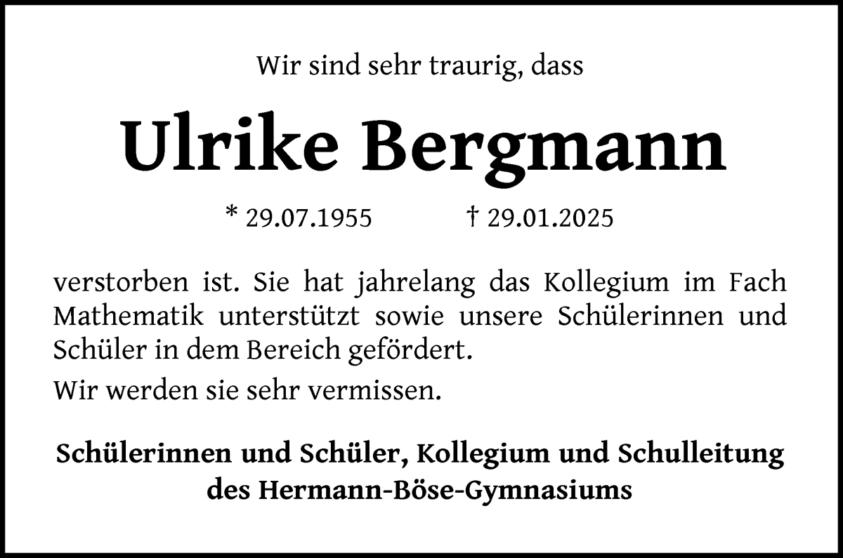Traueranzeige von Ulrike Bergmann von WESER-KURIER