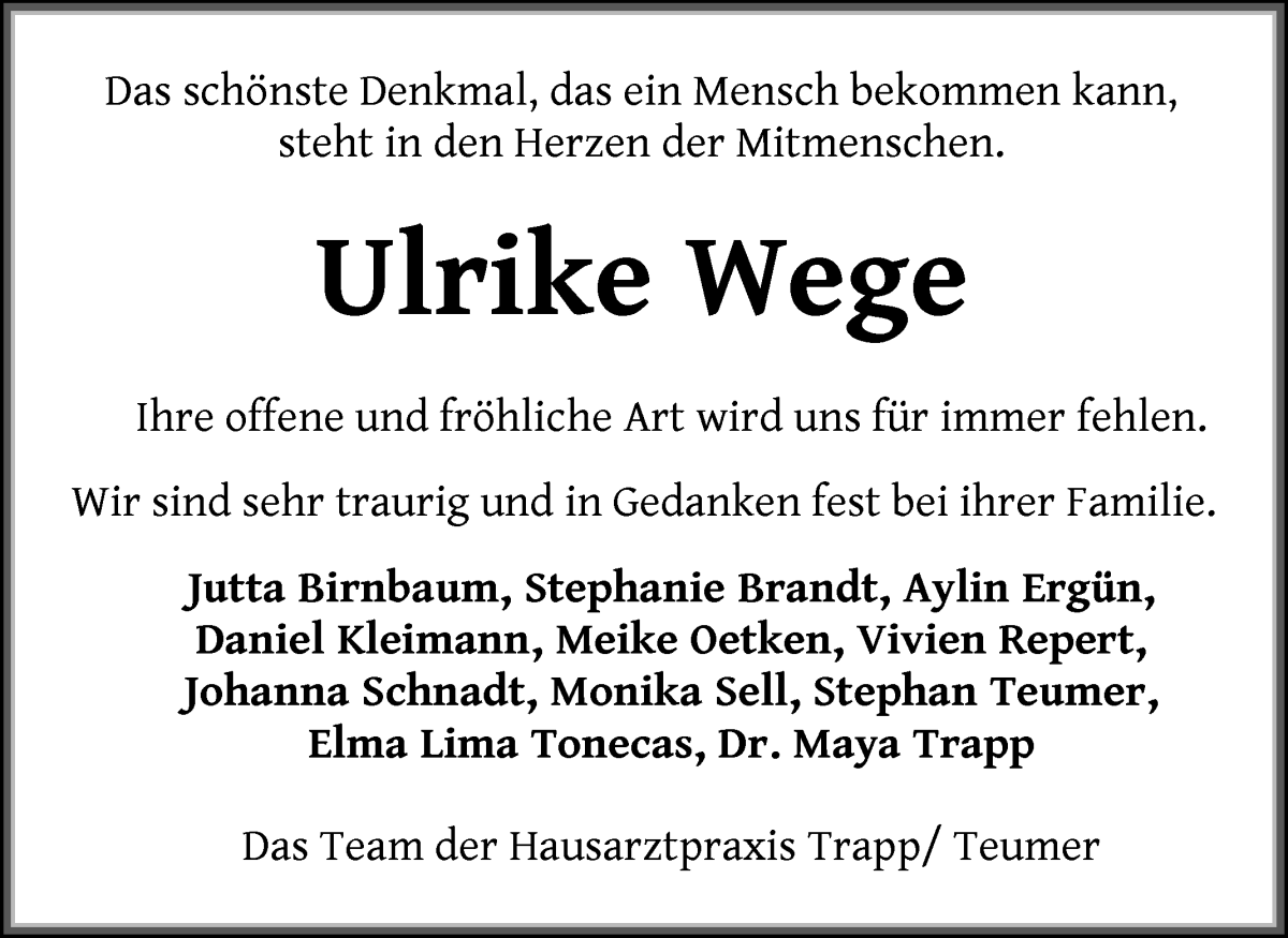 Traueranzeige von Ulrike Wege von WESER-KURIER