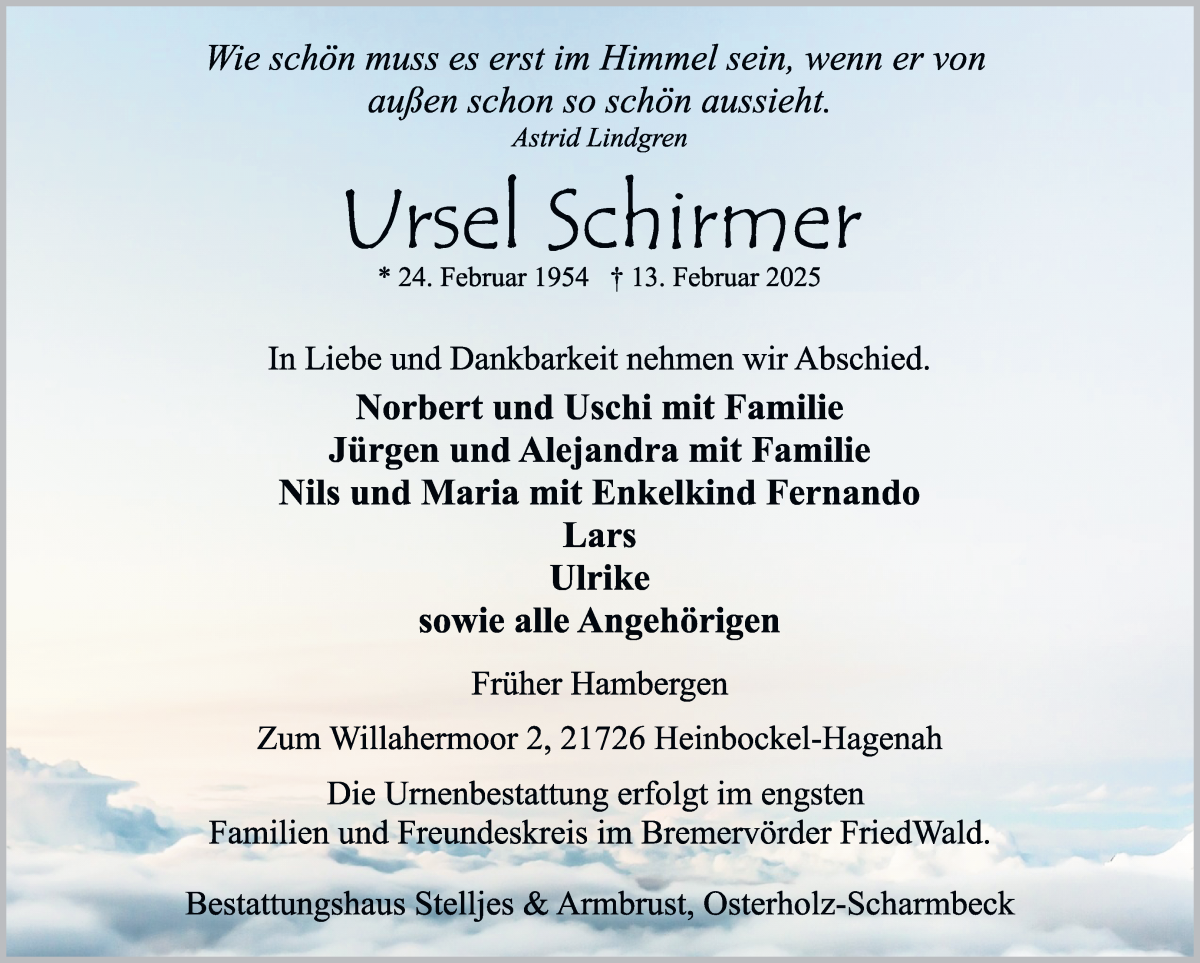 Traueranzeige von Ursel Schirmer von Osterholzer Kreisblatt