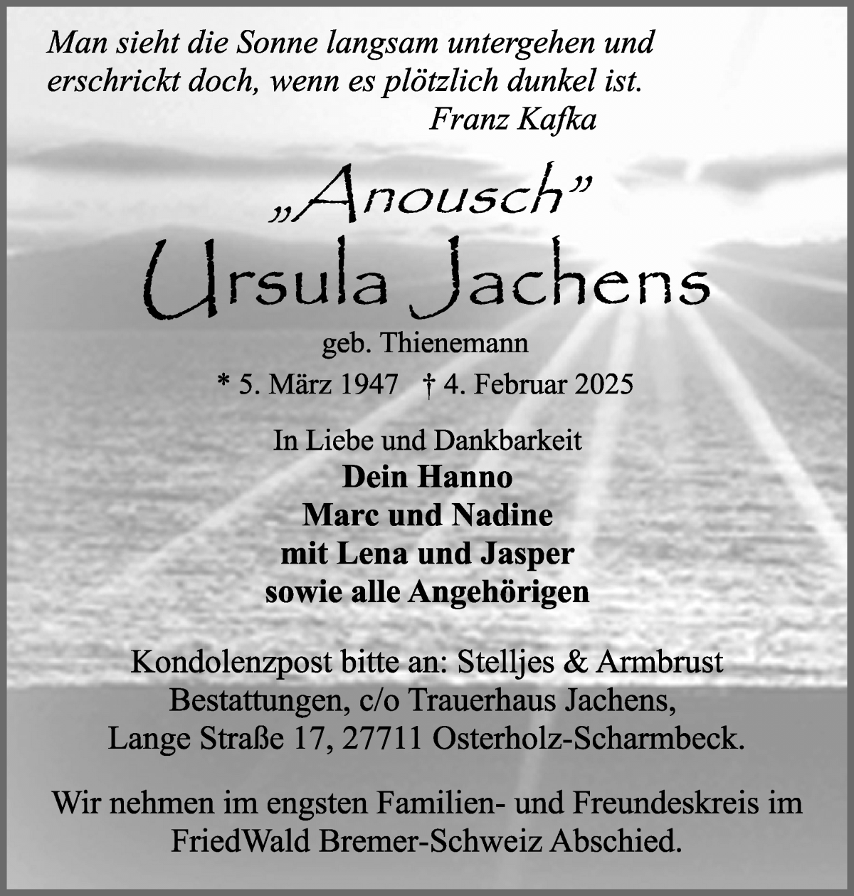 Traueranzeige von Ursula Jachens von Osterholzer Kreisblatt
