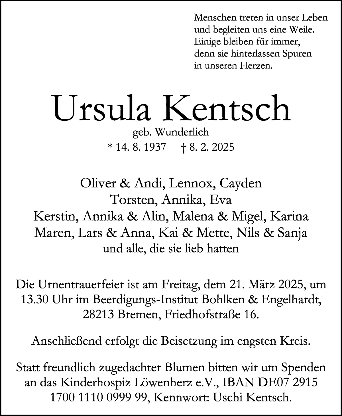 Traueranzeige von Ursula Kentsch von WESER-KURIER