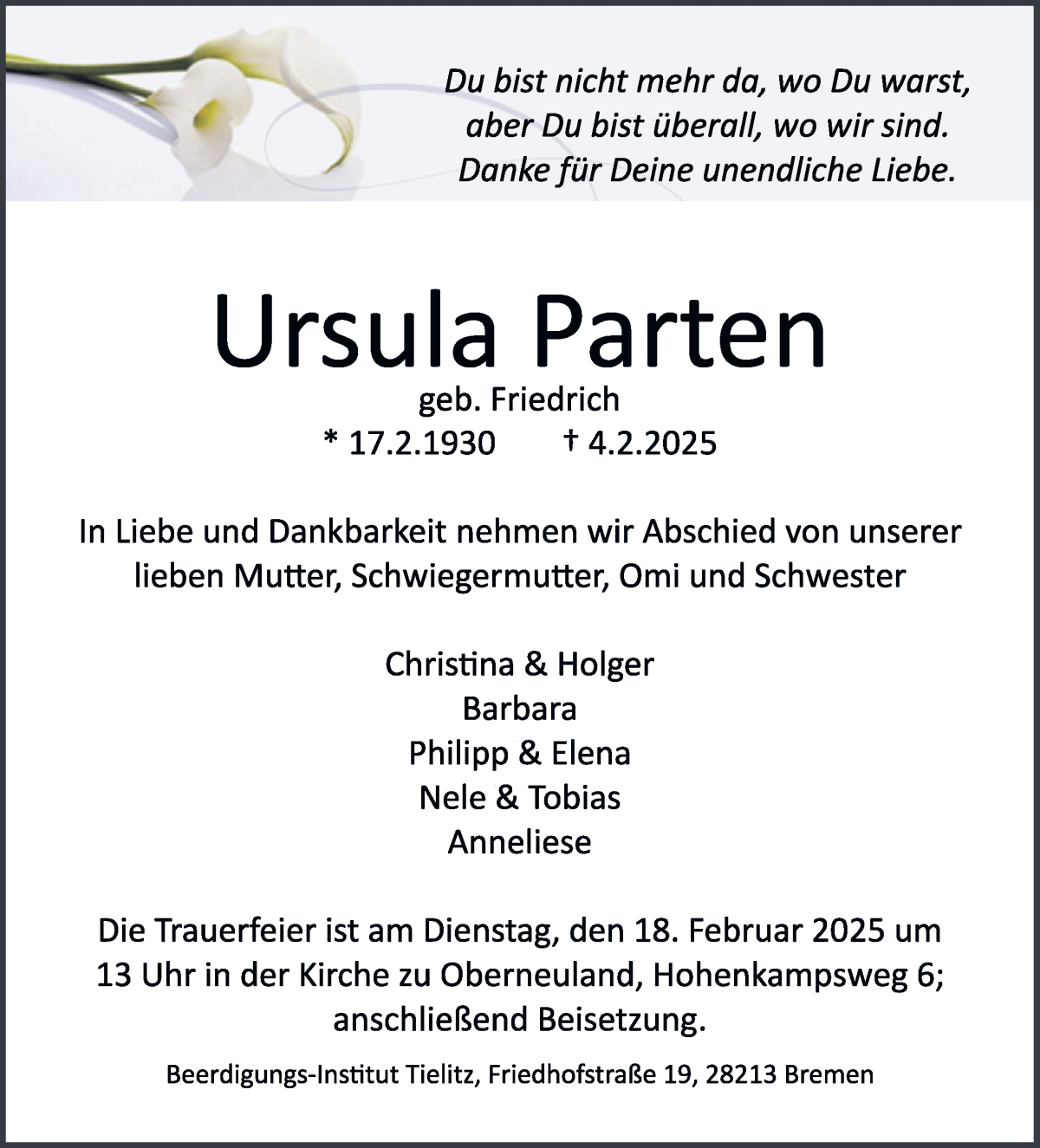 Traueranzeige von Ursula Parten von WESER-KURIER
