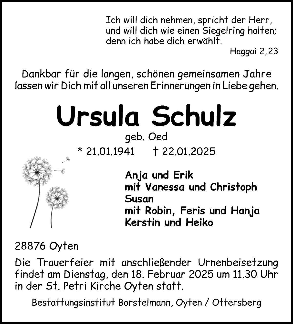 Traueranzeige von Ursula Schulz von Achimer Kurier/Verdener Nachrichten