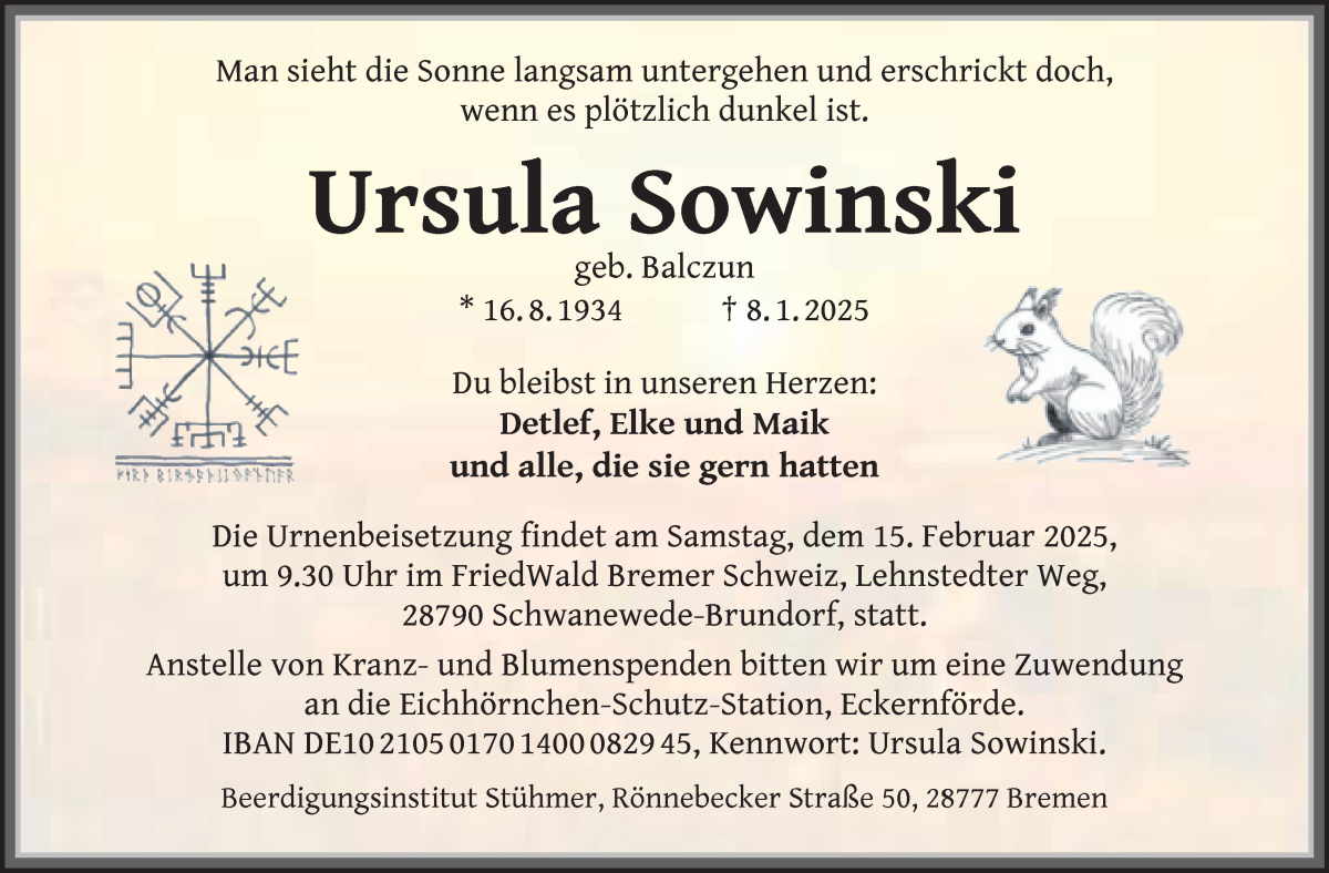 Traueranzeige von Ursula Sowinski von Die Norddeutsche