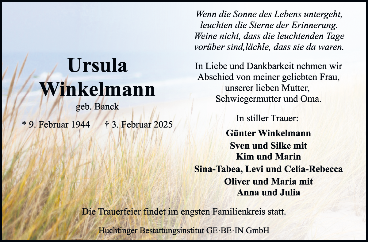 Traueranzeige von Ursula Winkelmann von WESER-KURIER