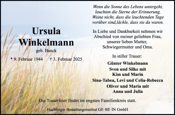 Traueranzeige von Ursula Winkelmann von WESER-KURIER