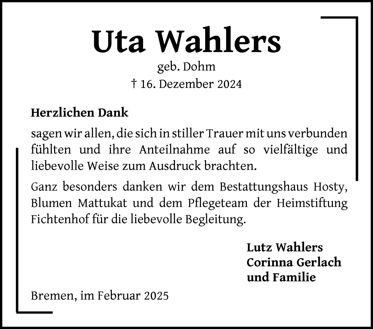 Traueranzeige von Uta Wahlers von Die Norddeutsche