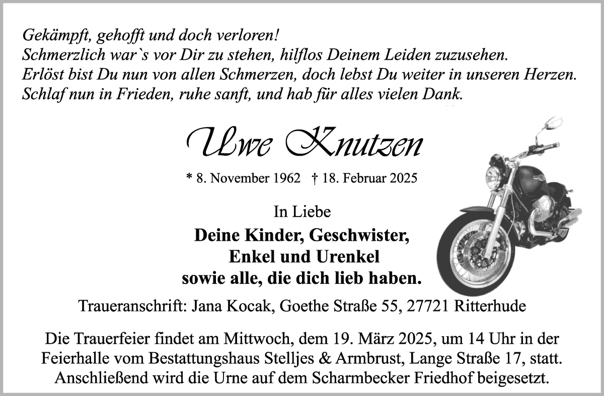 Traueranzeige von Uwe Knutzen von Osterholzer Kreisblatt