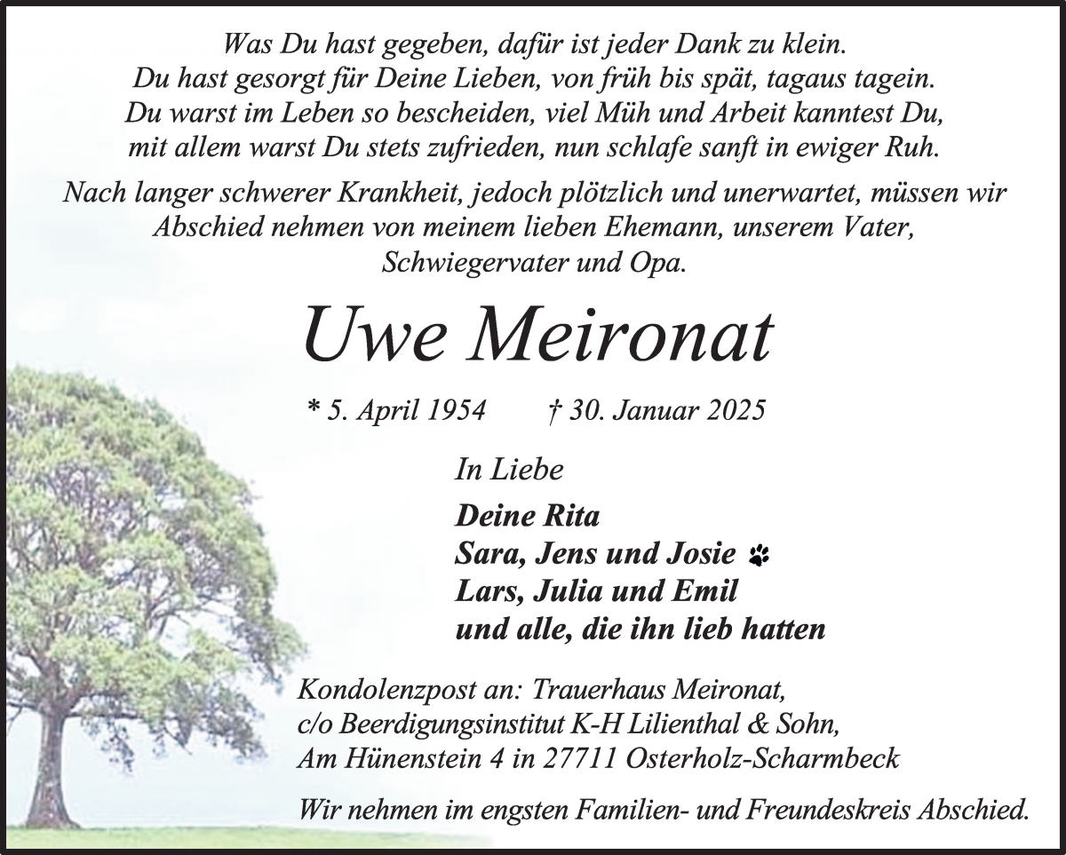 Traueranzeige von Uwe Meironat von Osterholzer Kreisblatt