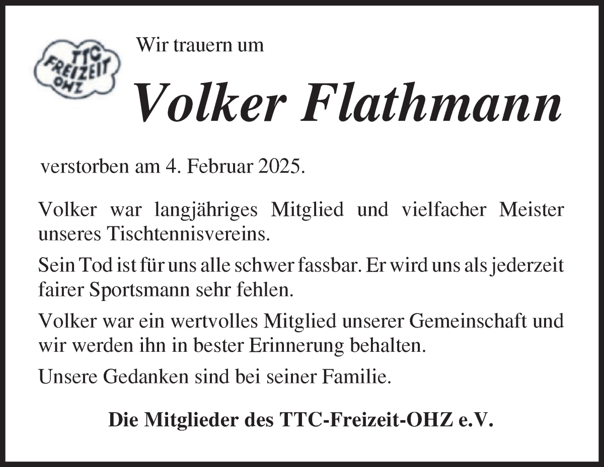 Traueranzeige von Volker Flathmann von Osterholzer Kreisblatt
