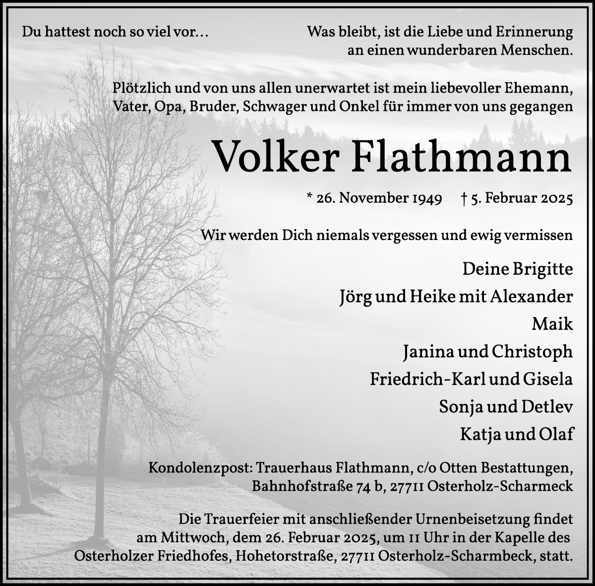 Traueranzeige von Volker Flathmann von Osterholzer Kreisblatt