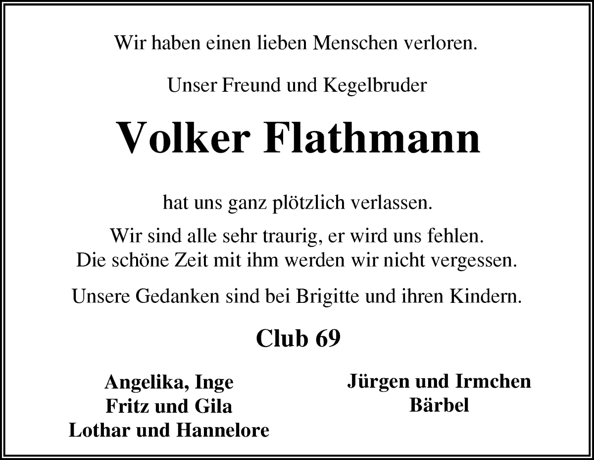 Traueranzeige von Volker Flathmann von Osterholzer Kreisblatt