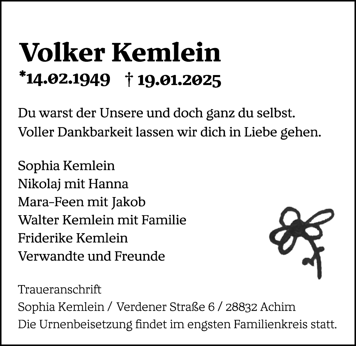 Traueranzeige von Volker Kemlein von Achimer Kurier/Verdener Nachrichten
