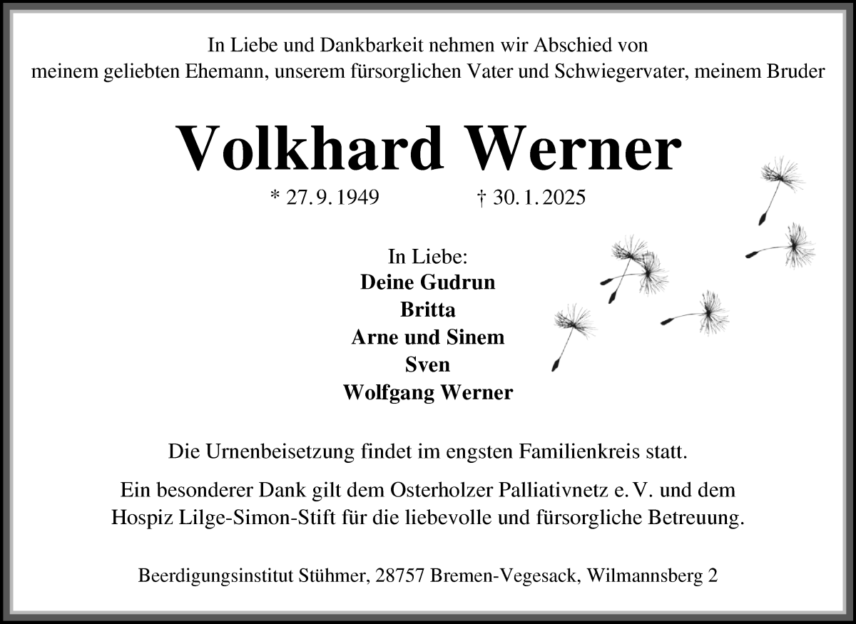 Traueranzeige von Volkhard Werner von Die Norddeutsche