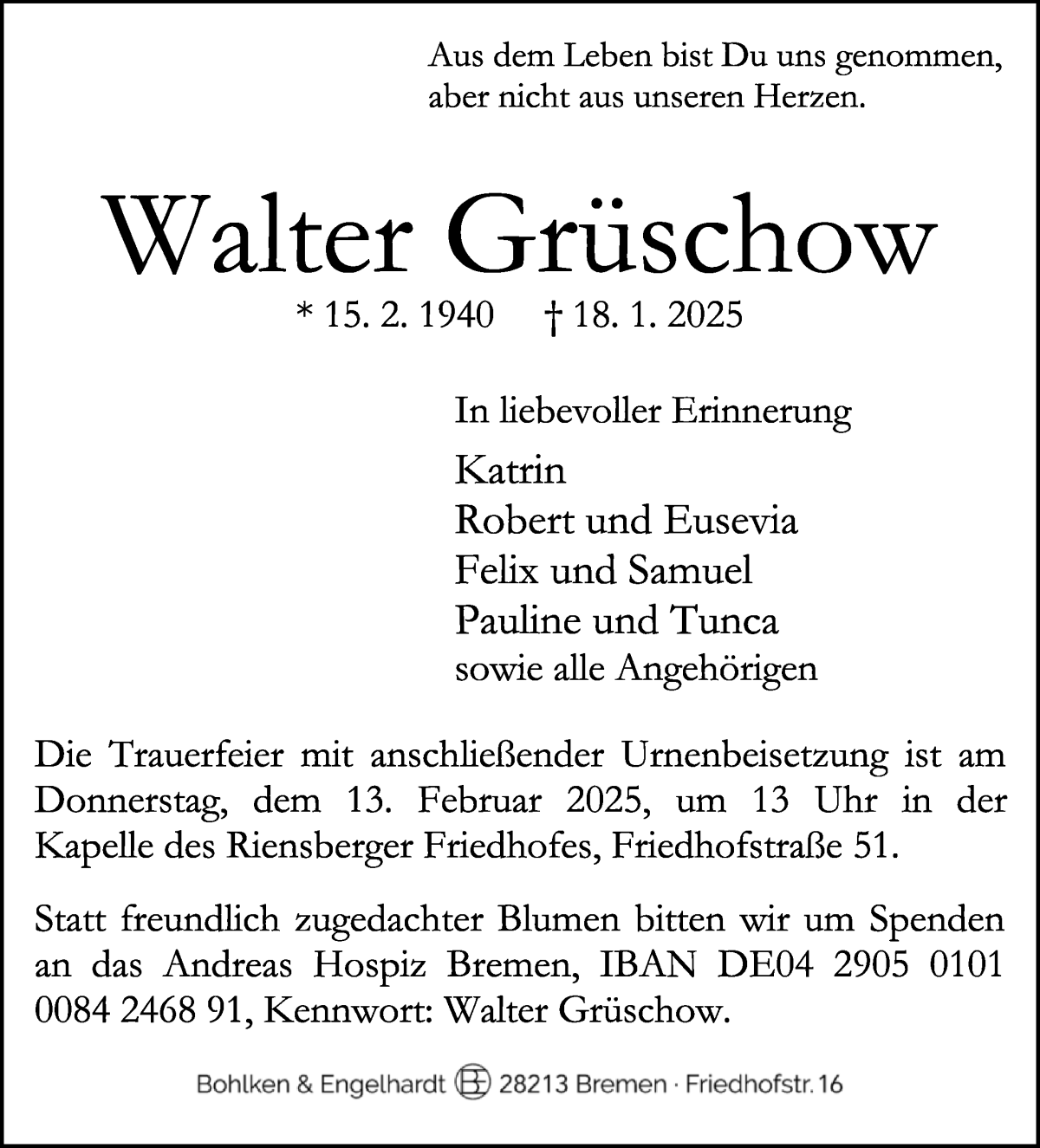 Traueranzeige von Walter Grünschow von WESER-KURIER