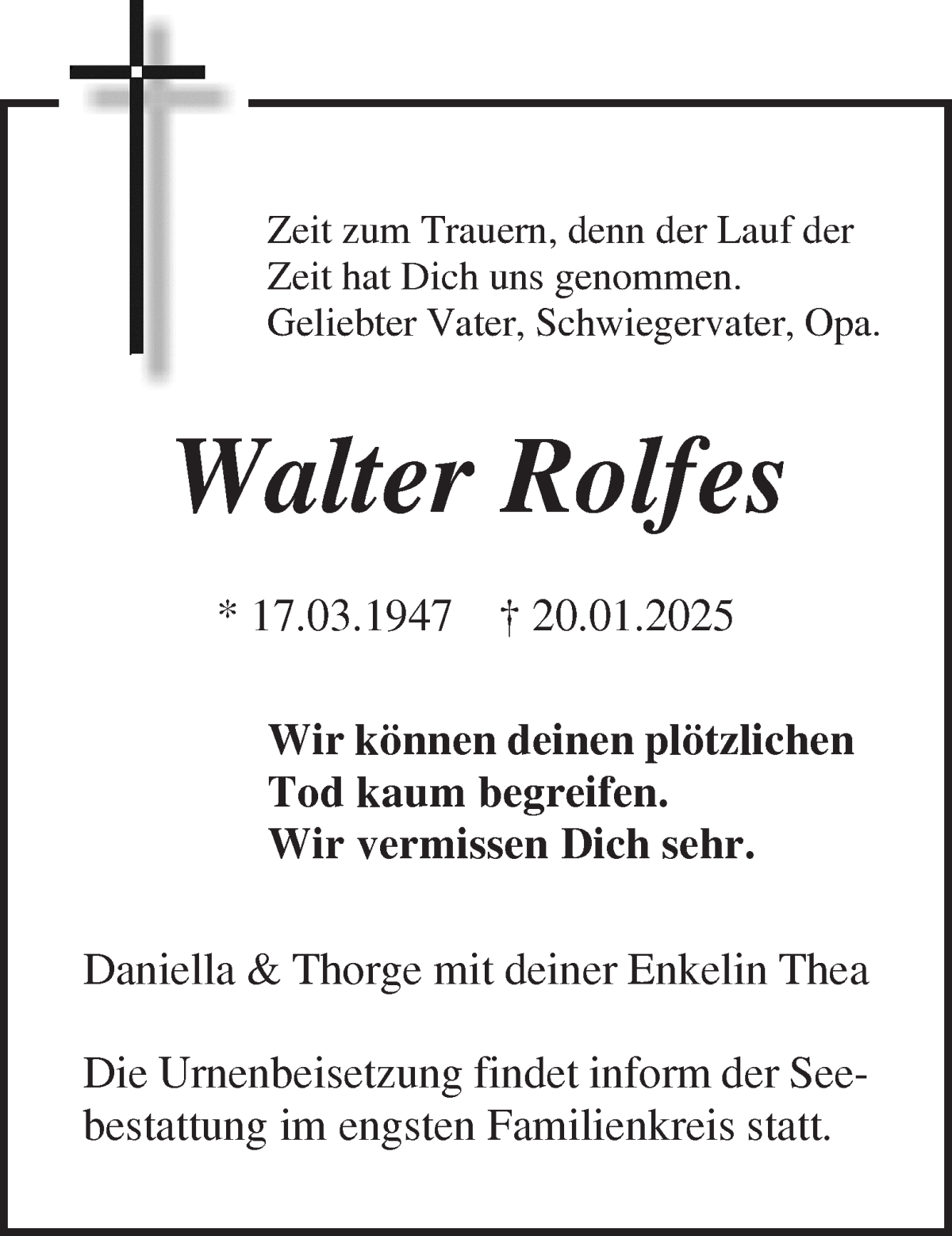 Traueranzeige von Walter Rolfes von WESER-KURIER