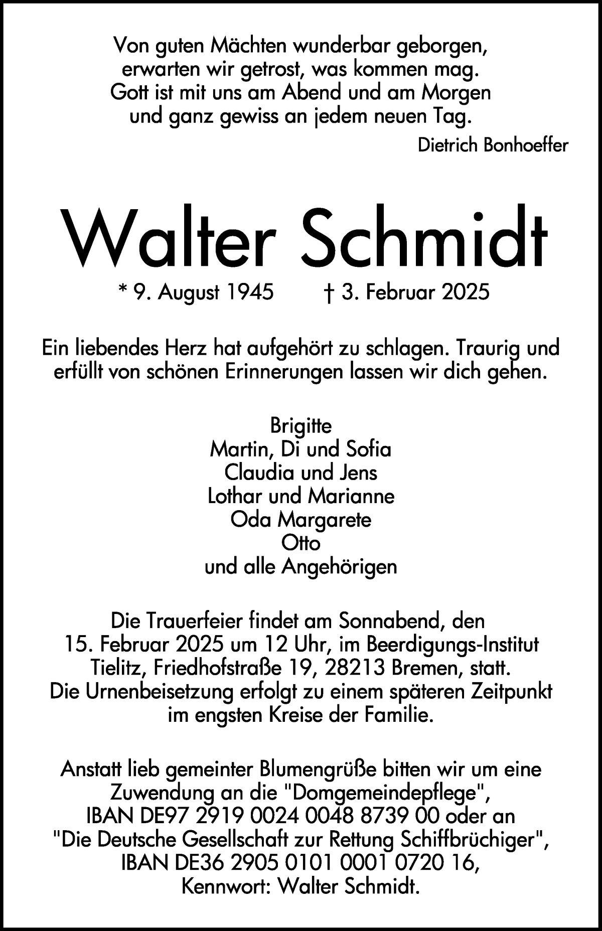 Traueranzeige von Walter Schmidt von WESER-KURIER