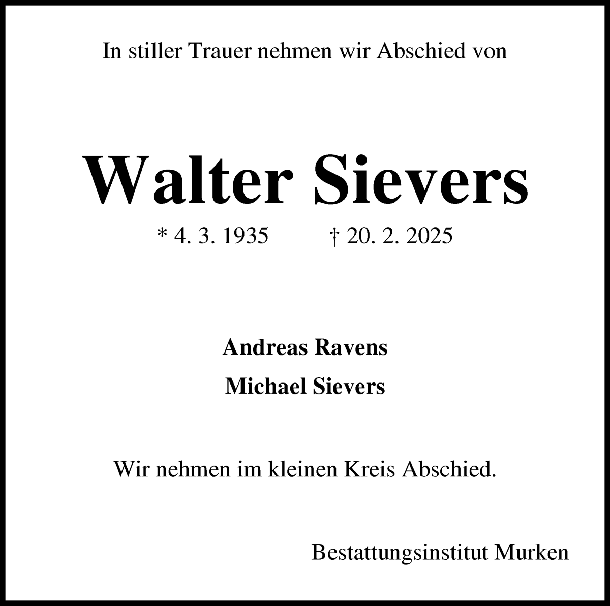 Traueranzeige von Walter Sievers von Osterholzer Kreisblatt