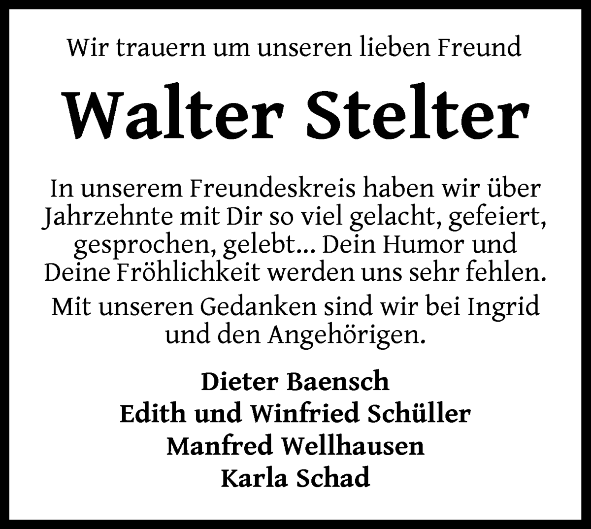 Traueranzeige von Walter Stelter von Wuemme Zeitung