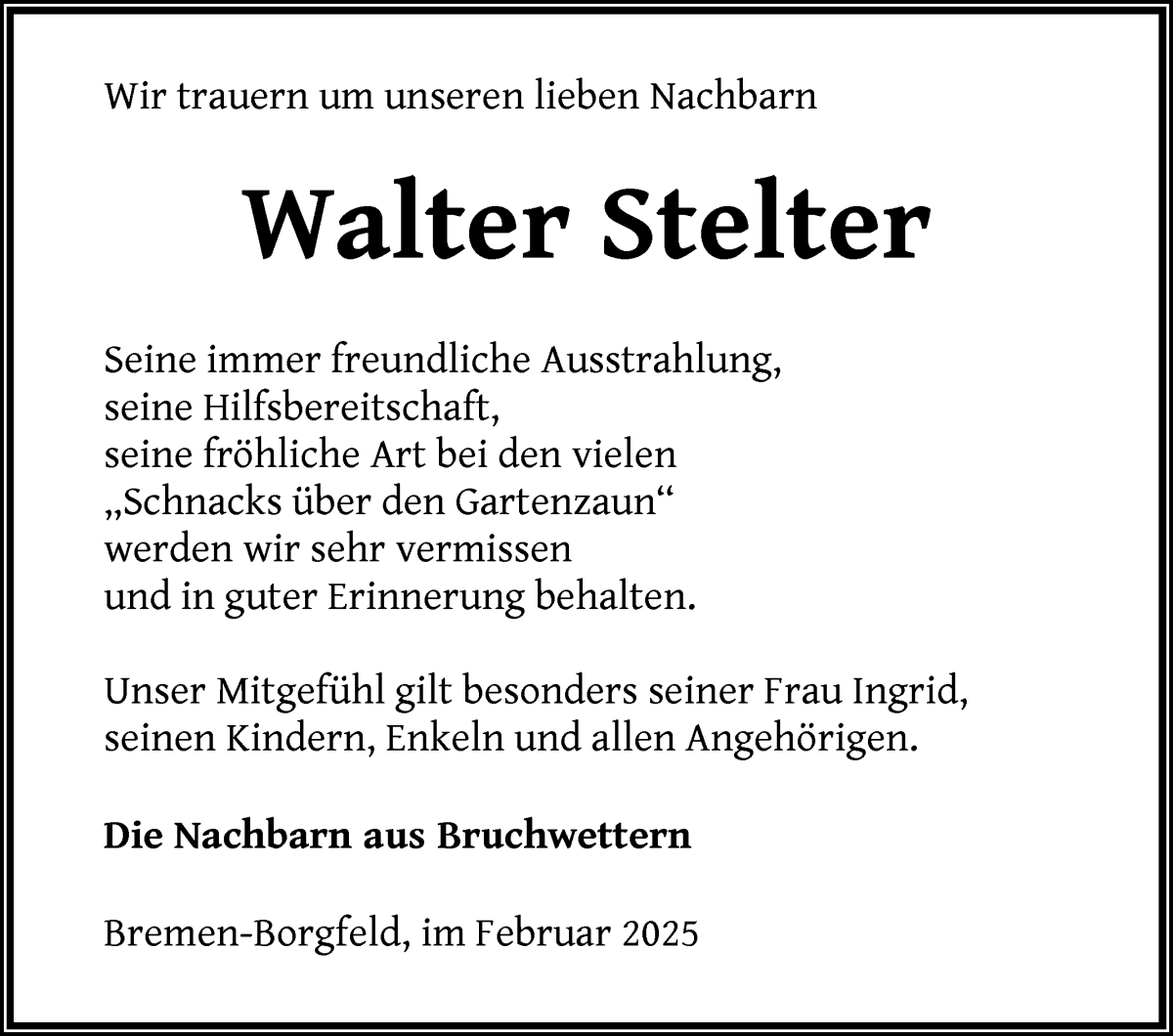 Traueranzeige von Walter Stelter von Wuemme Zeitung