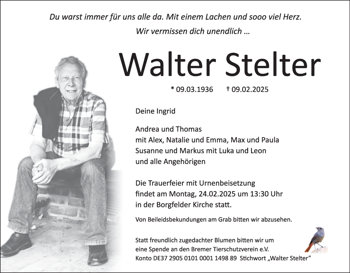 Traueranzeige von Walter Stelter von Wuemme Zeitung