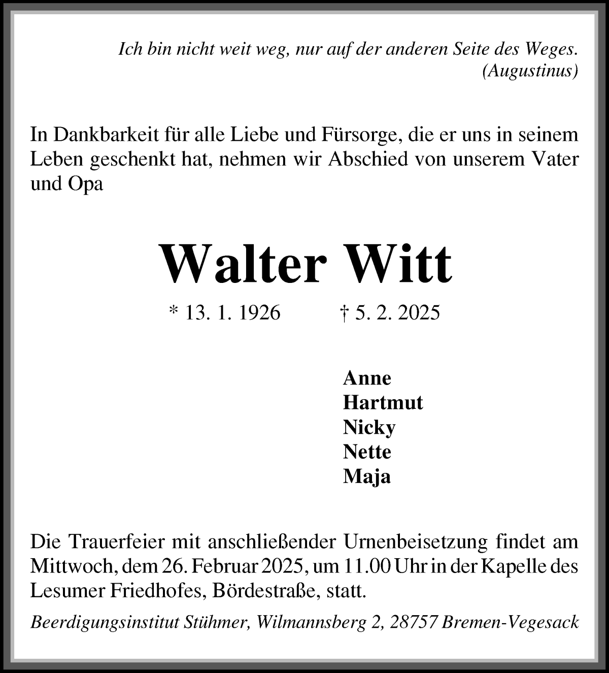 Traueranzeige von Walter Witt von Die Norddeutsche