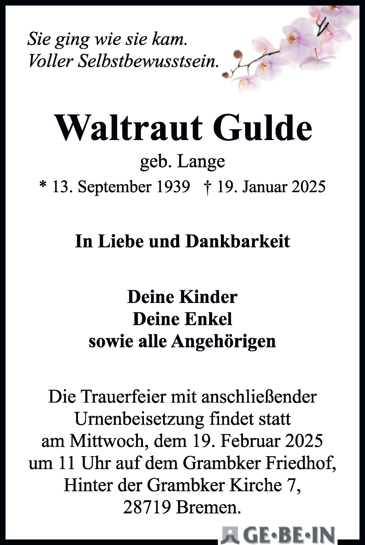 Traueranzeige von Waltraud Gulde von WESER-KURIER