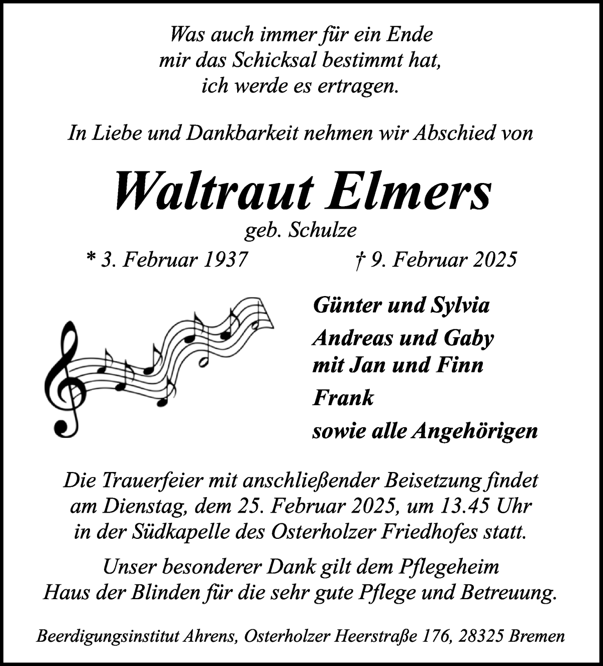 Traueranzeige von Waltraut Elmers von WESER-KURIER