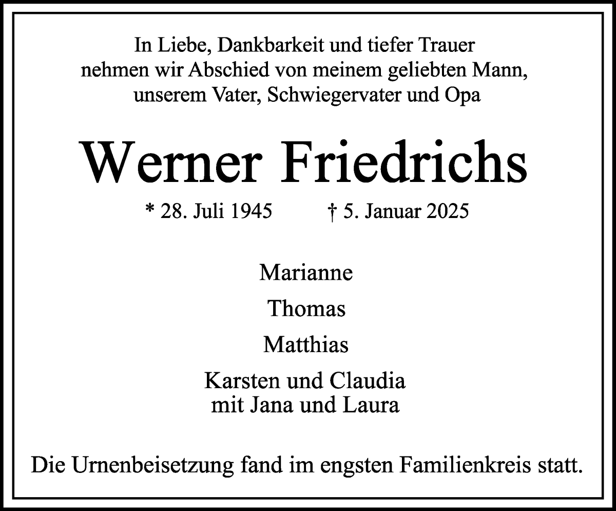 Traueranzeige von Werner Friedrichs von WESER-KURIER