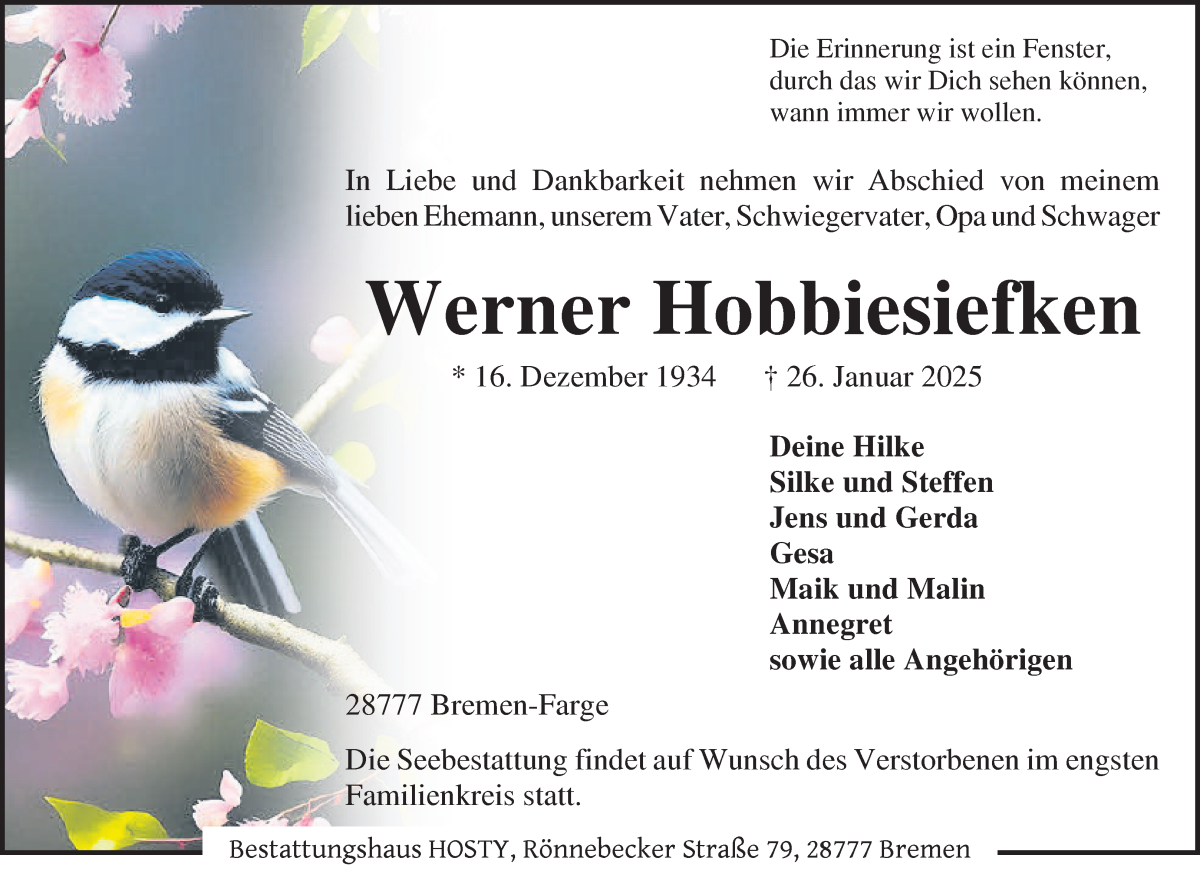 Traueranzeige von Werner Hobbiesiefken von Die Norddeutsche