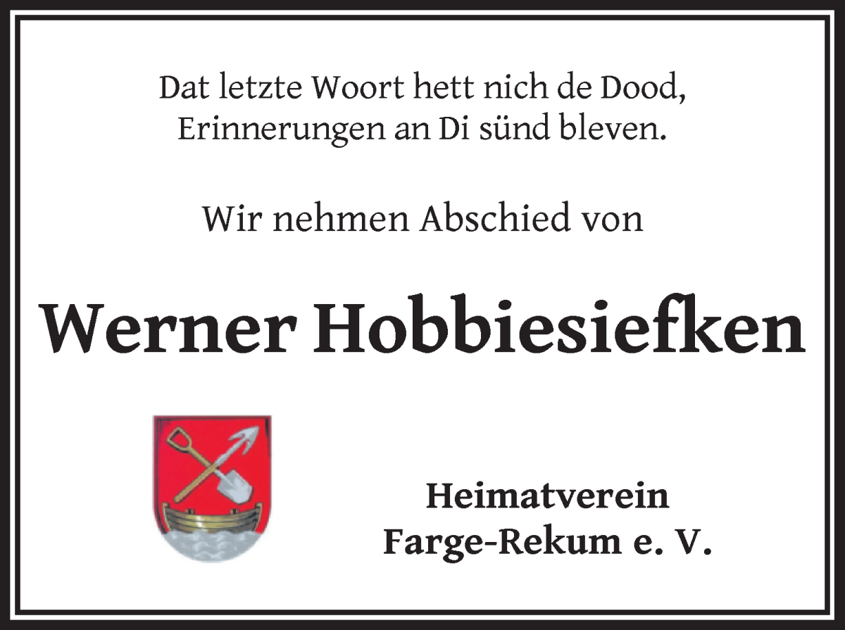 Traueranzeige von Werner Hobbiesiefken von Die Norddeutsche