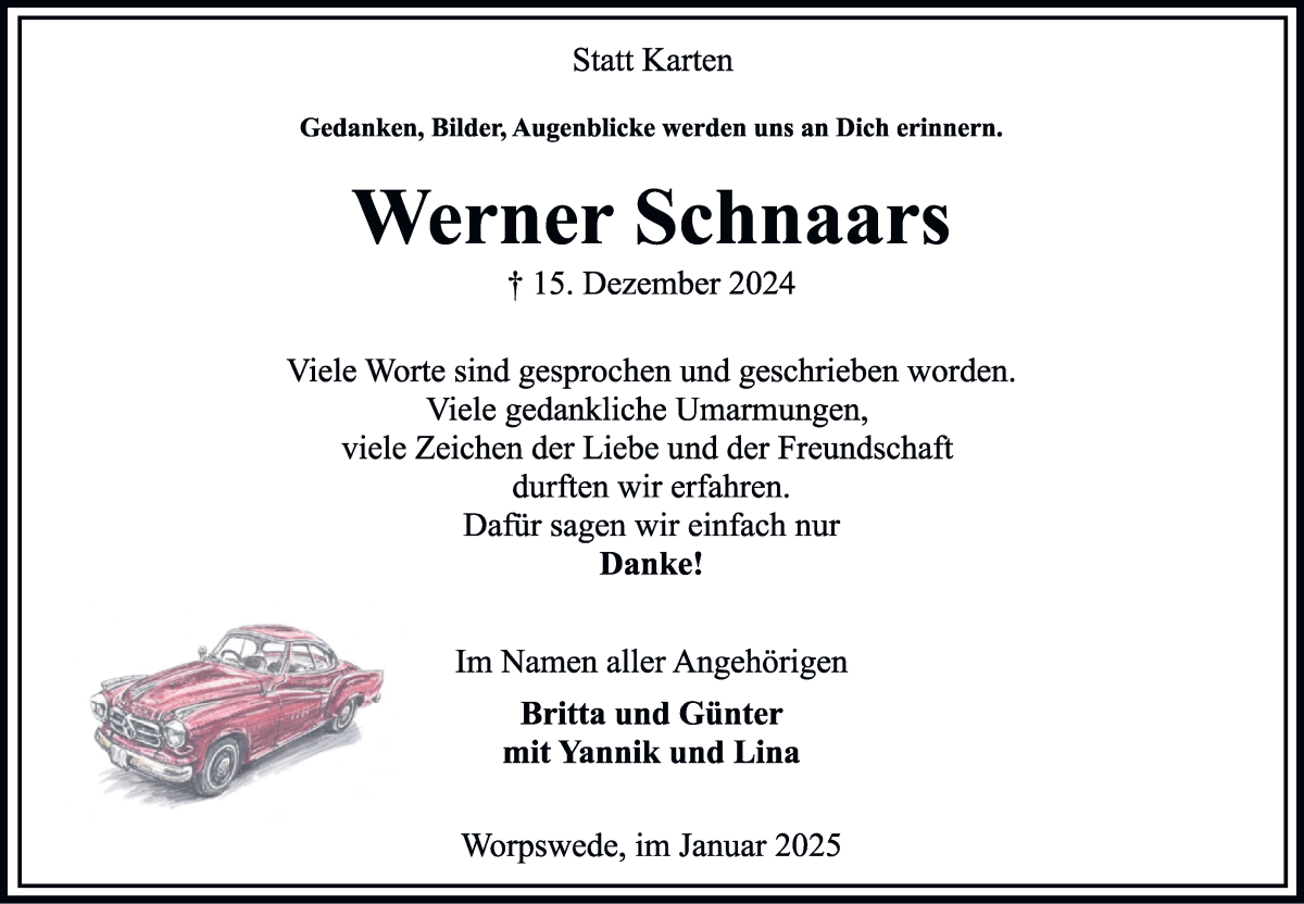 Traueranzeige von Werner Schnaars von Wuemme Zeitung