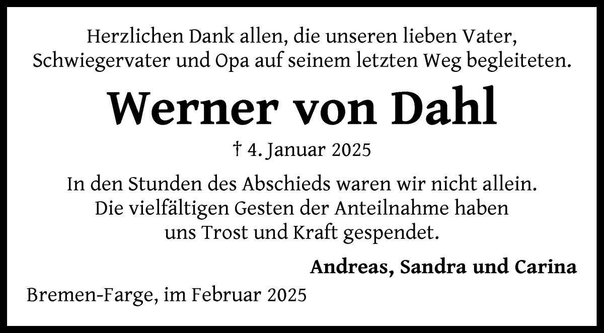 Traueranzeige von Werner von Dahl von Die Norddeutsche