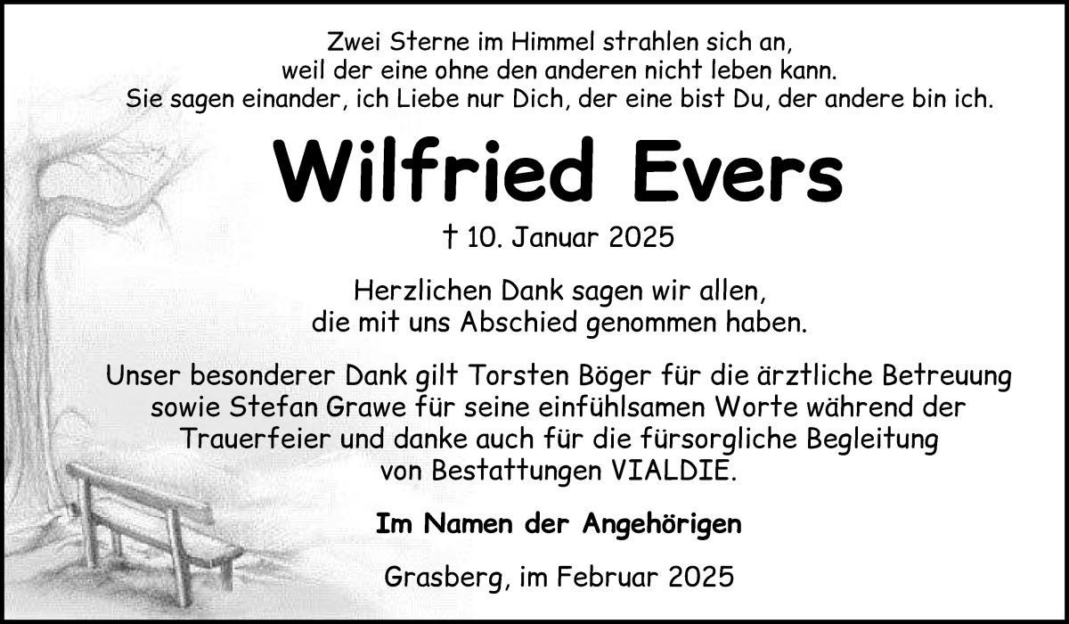 Traueranzeige von Wilfried Evers von Wuemme Zeitung