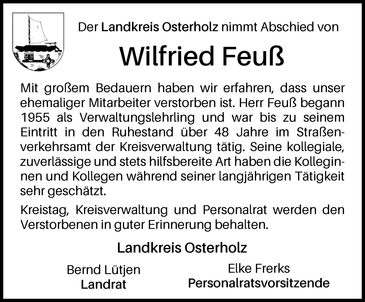 Traueranzeige von Wilfried Feuß von Osterholzer Kreisblatt