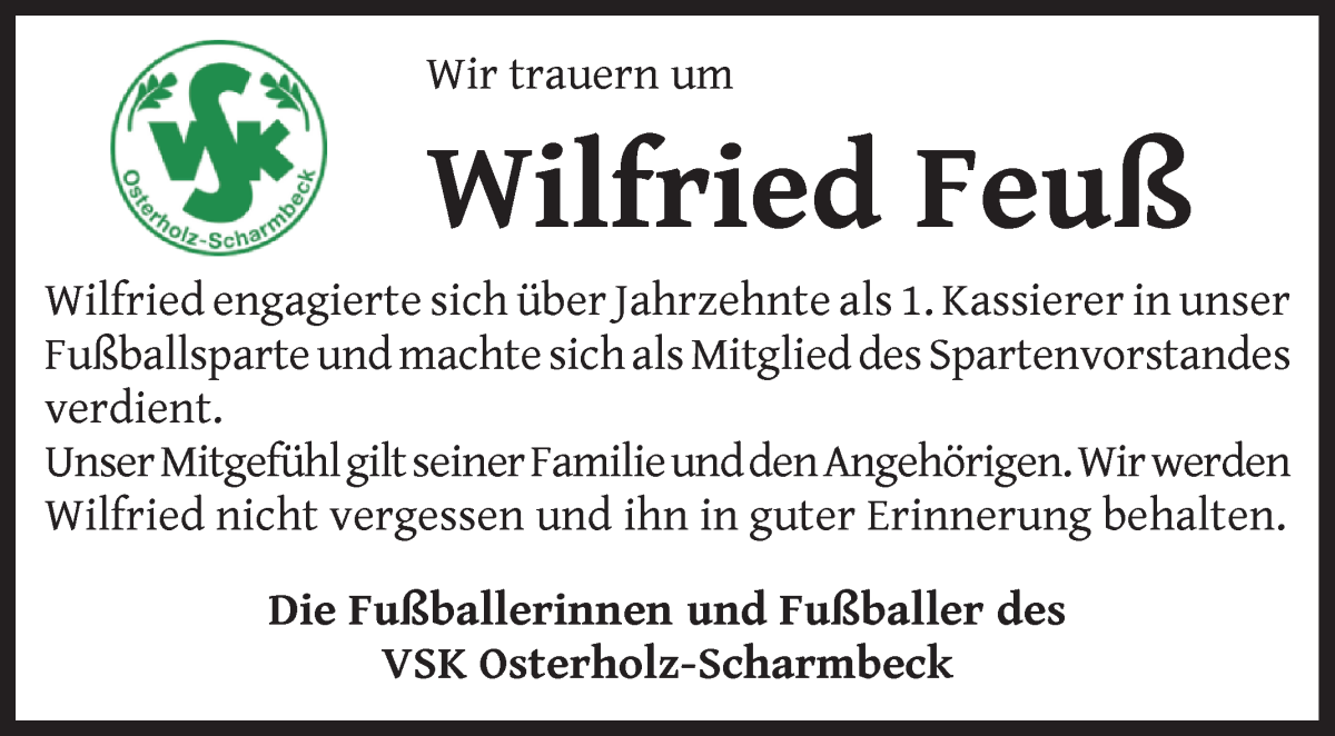 Traueranzeige von Wilfried Feuß von Osterholzer Kreisblatt