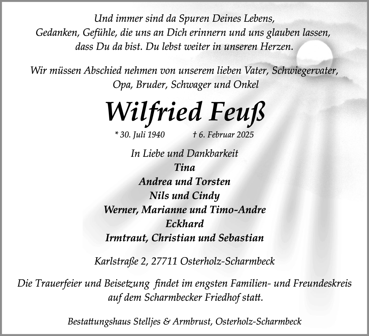 Traueranzeige von Wilfried Feuß von Osterholzer Kreisblatt