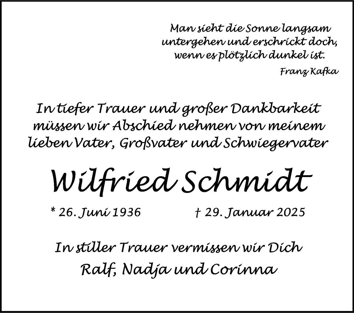 Traueranzeige von Wilfried Schmidt von WESER-KURIER