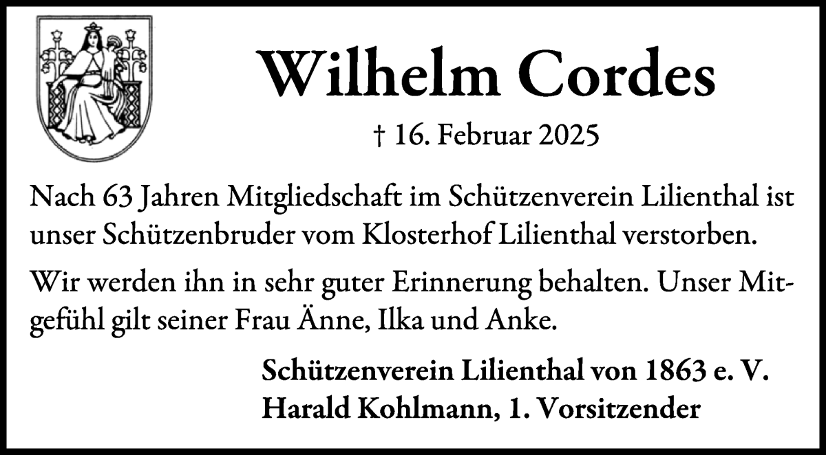 Traueranzeige von Wilhelm Cordes von Wuemme Zeitung